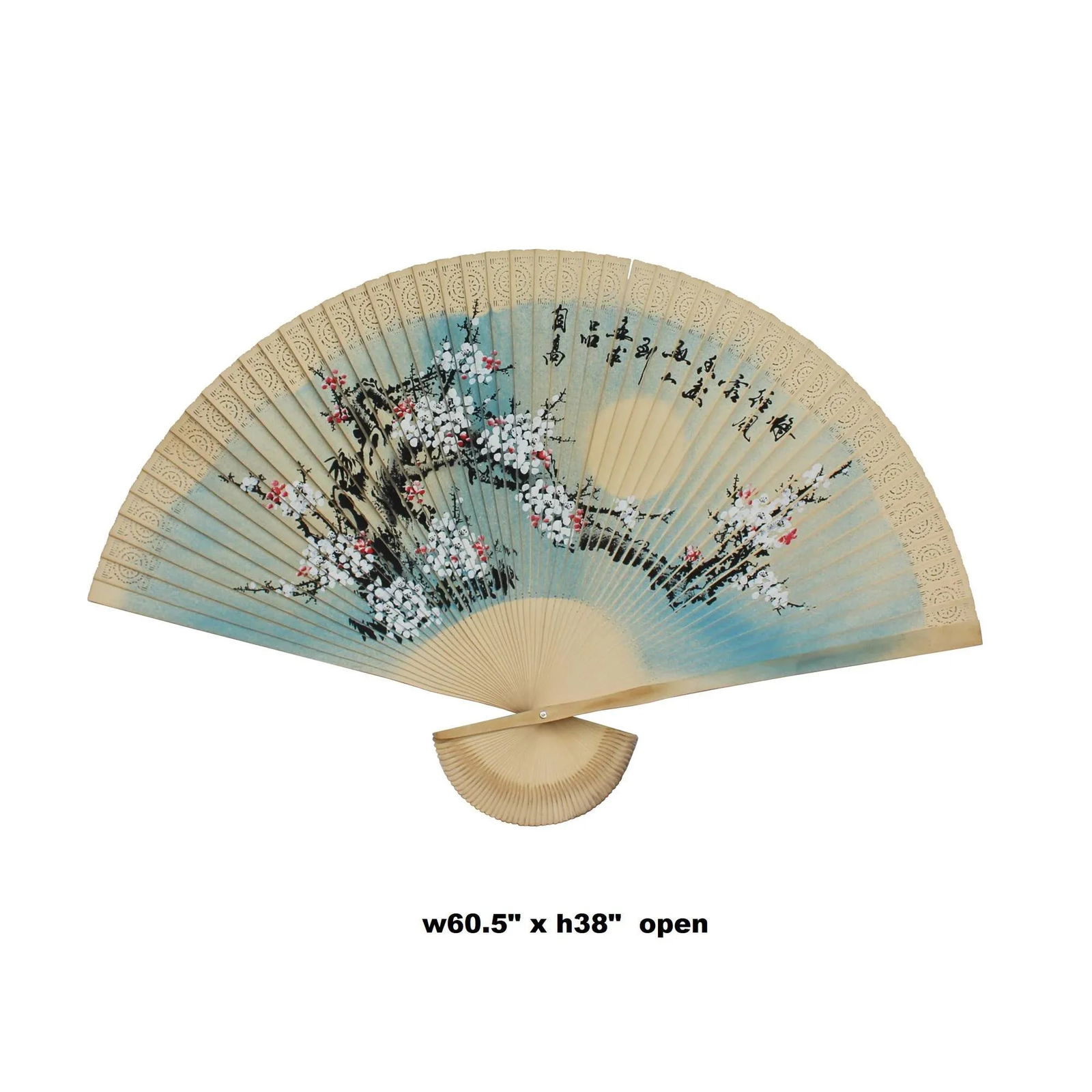 Chinese Handmade Fan Shape Flower Theme Wood Painting - 6