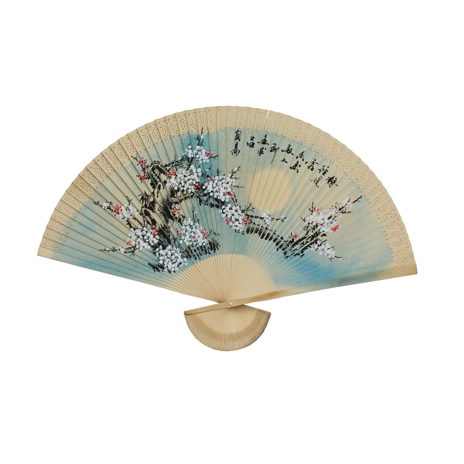 Chinese Handmade Fan Shape Flower Theme Wood Painting - 7
