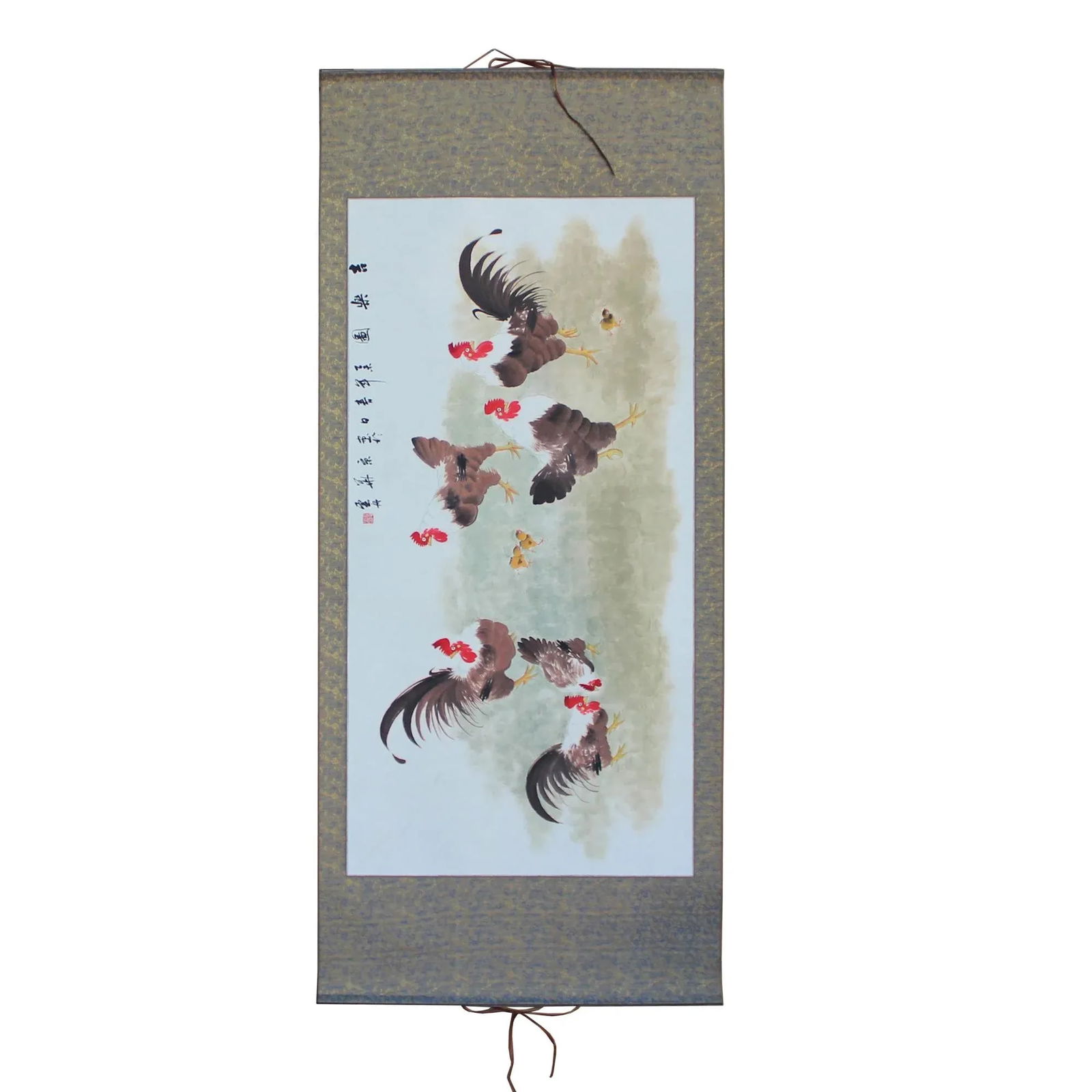 Chinese Color Ink Rooster Hens Scenery Horizontal Scroll Painting Wall Art - 2