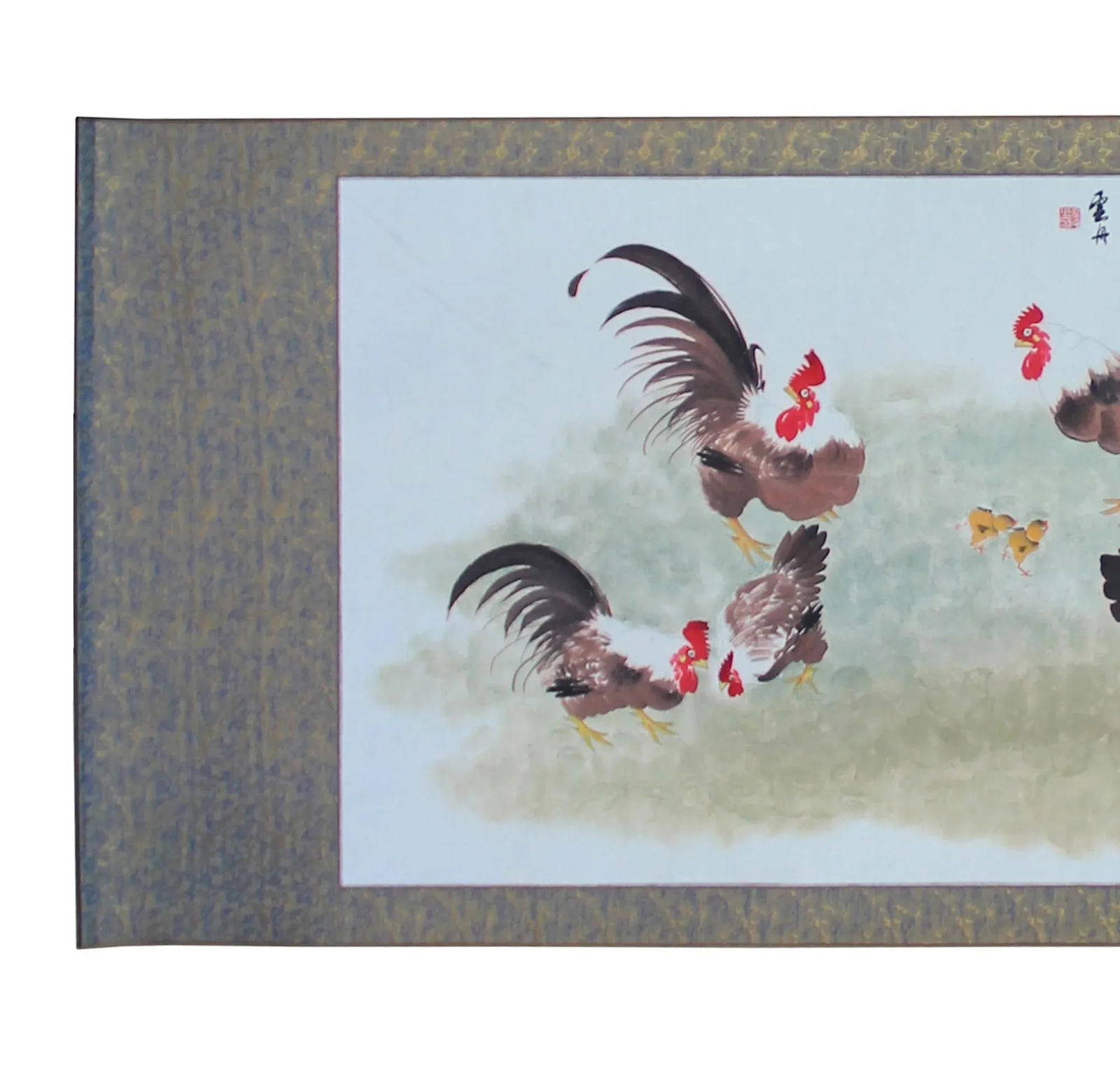 Chinese Color Ink Rooster Hens Scenery Horizontal Scroll Painting Wall Art - 3