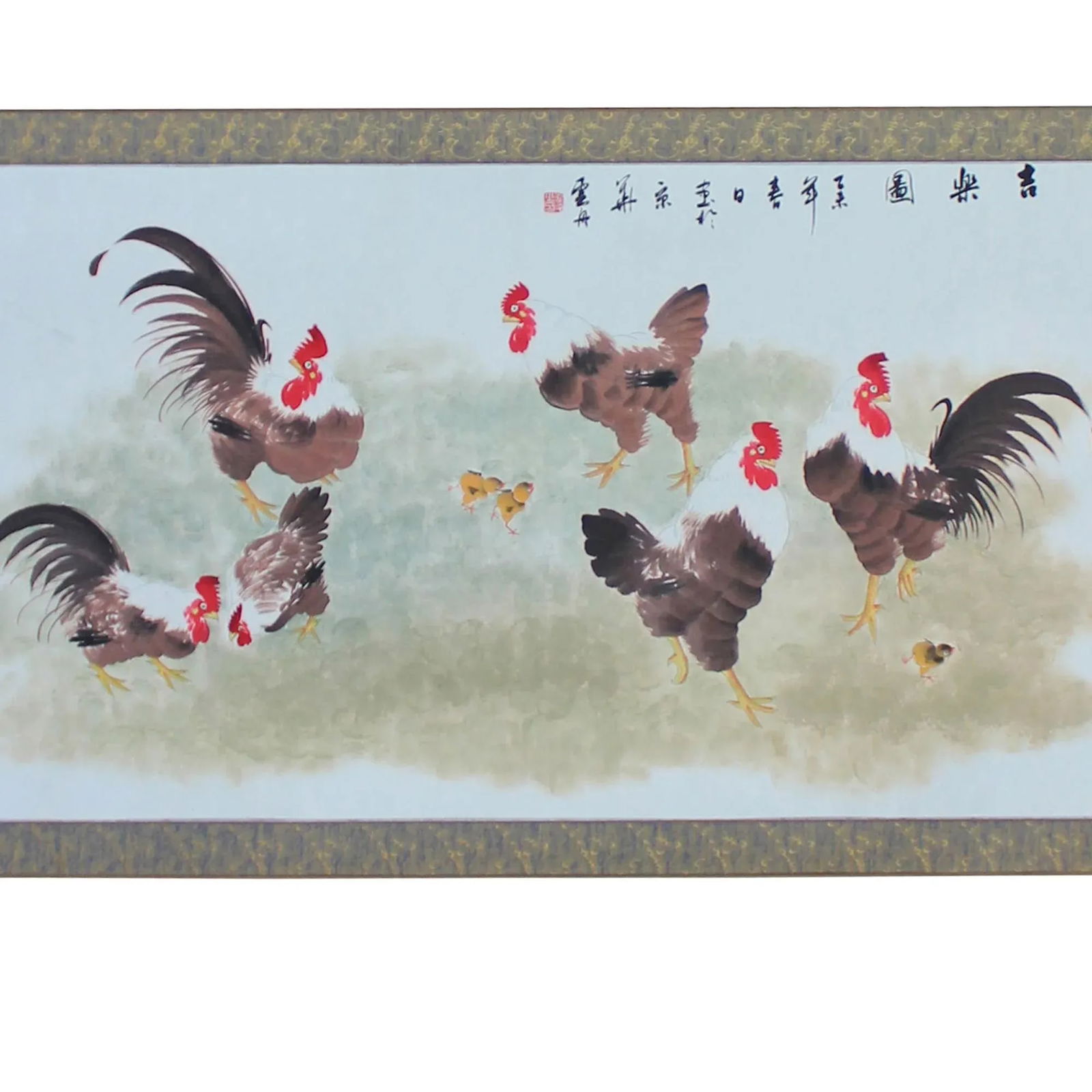 Chinese Color Ink Rooster Hens Scenery Horizontal Scroll Painting Wall Art - 5