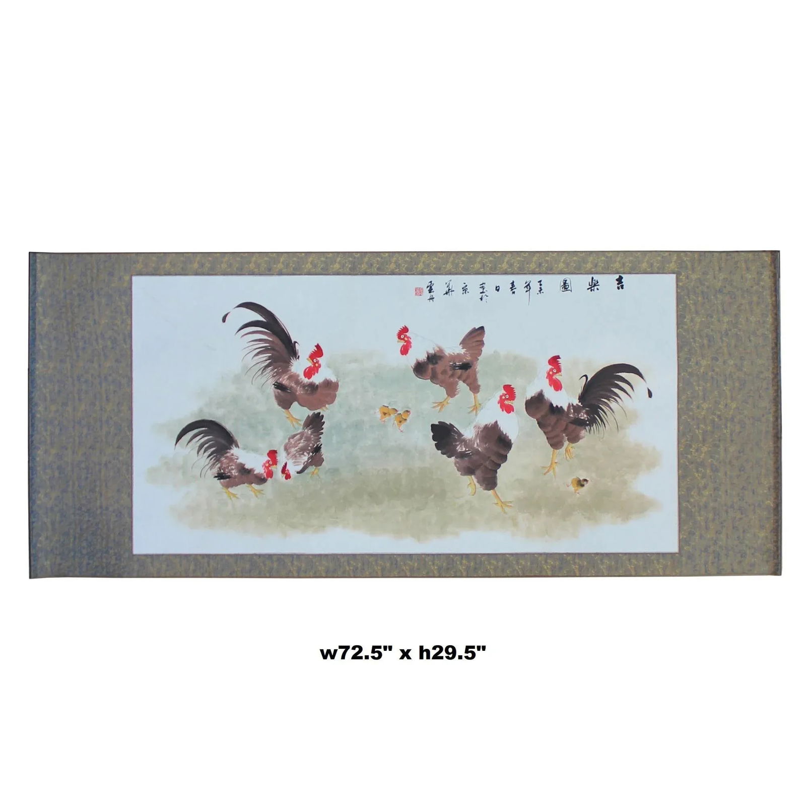 Chinese Color Ink Rooster Hens Scenery Horizontal Scroll Painting Wall Art - 6