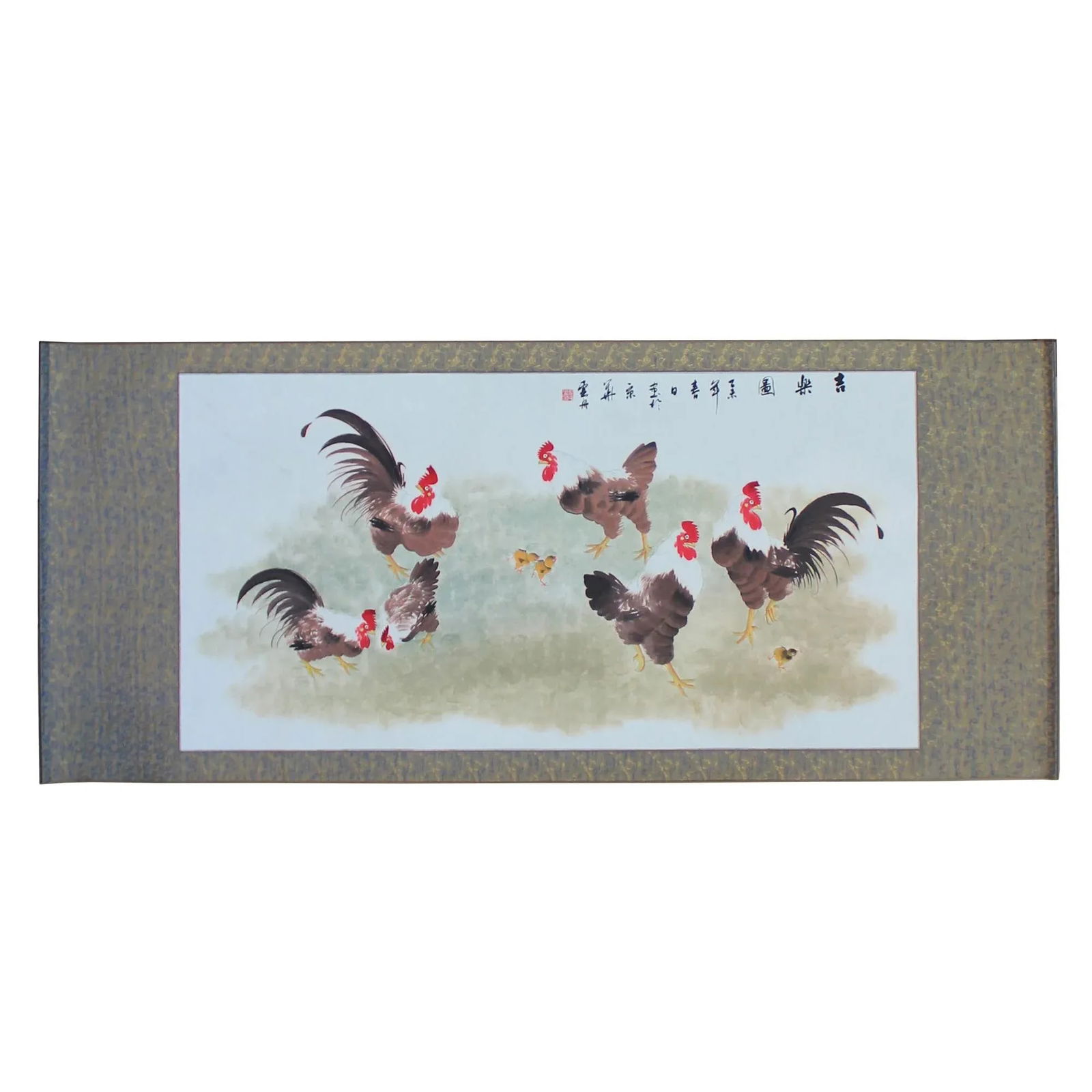 Chinese Color Ink Rooster Hens Scenery Horizontal Scroll Painting Wall Art - 7