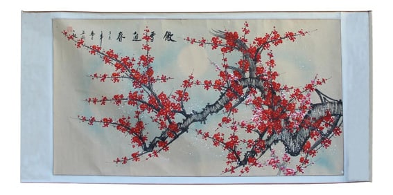 Chinese Color Ink Blossom Flower Horizontal Scroll Painting Wall Art