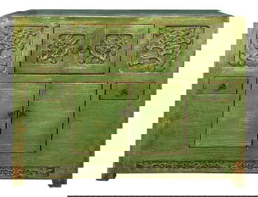 Oriental Distressed Lime Green Floral Carving Credenza Storage Cabinet
