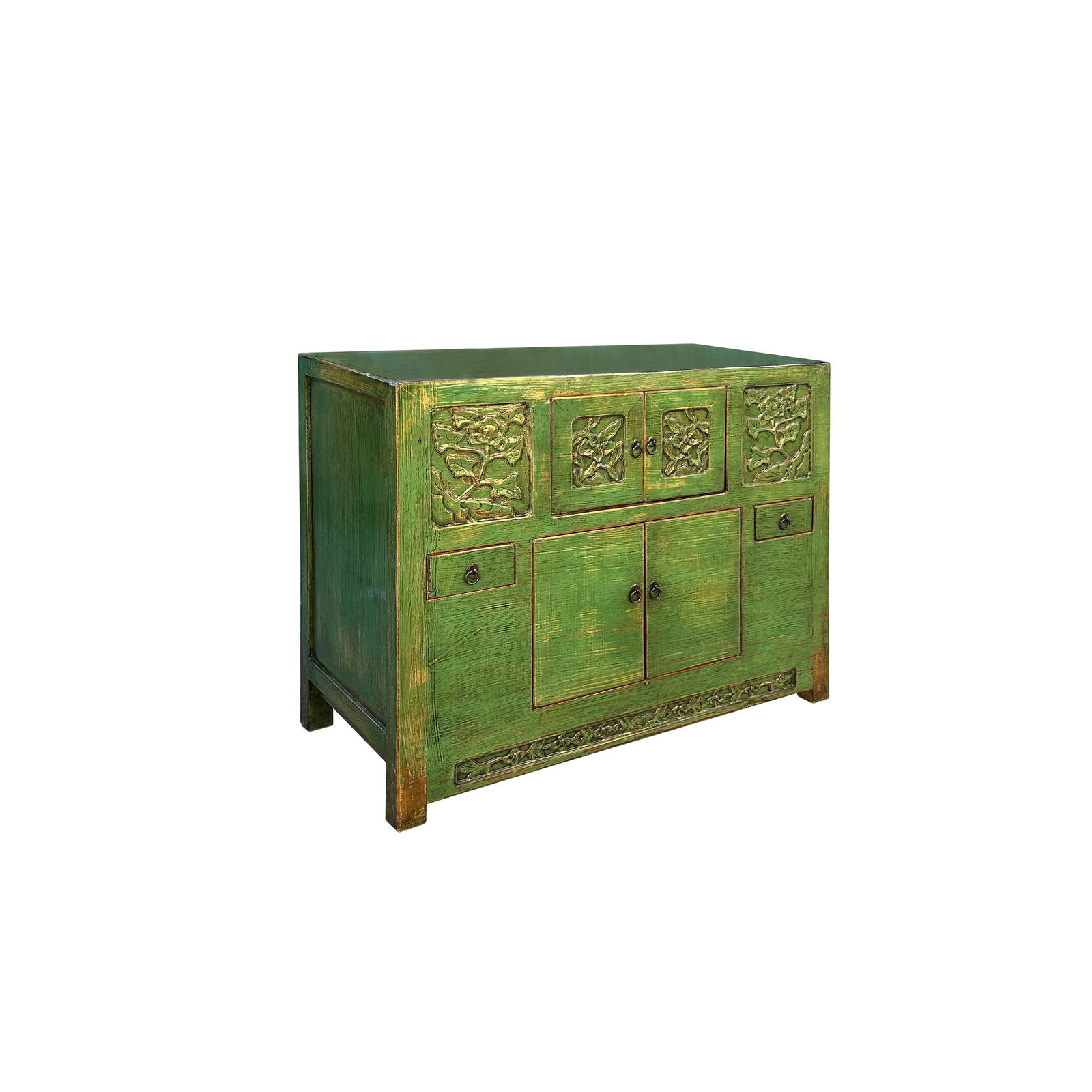 Oriental Distressed Lime Green Floral Carving Credenza Storage Cabinet - 2