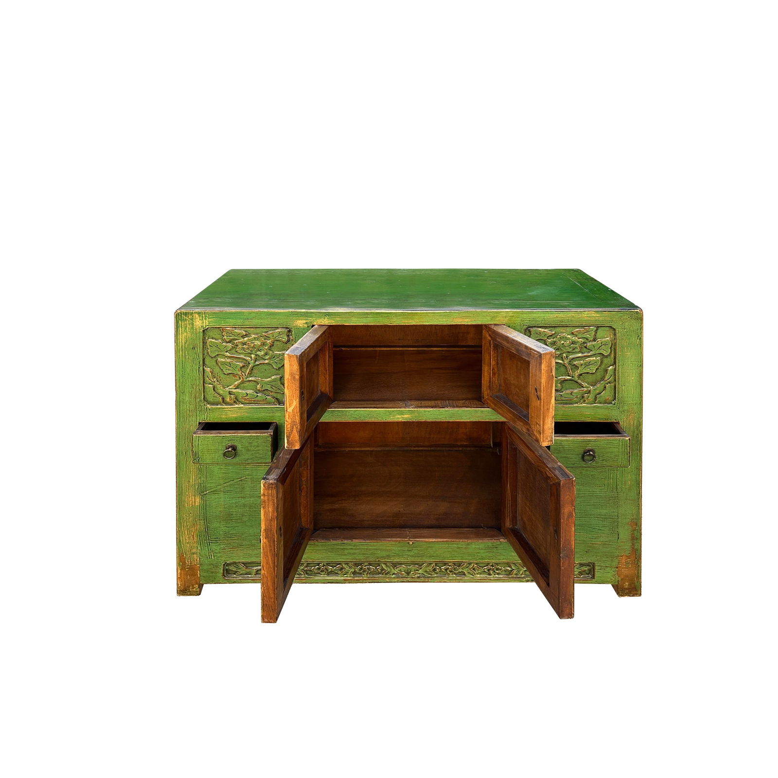 Oriental Distressed Lime Green Floral Carving Credenza Storage Cabinet - 3