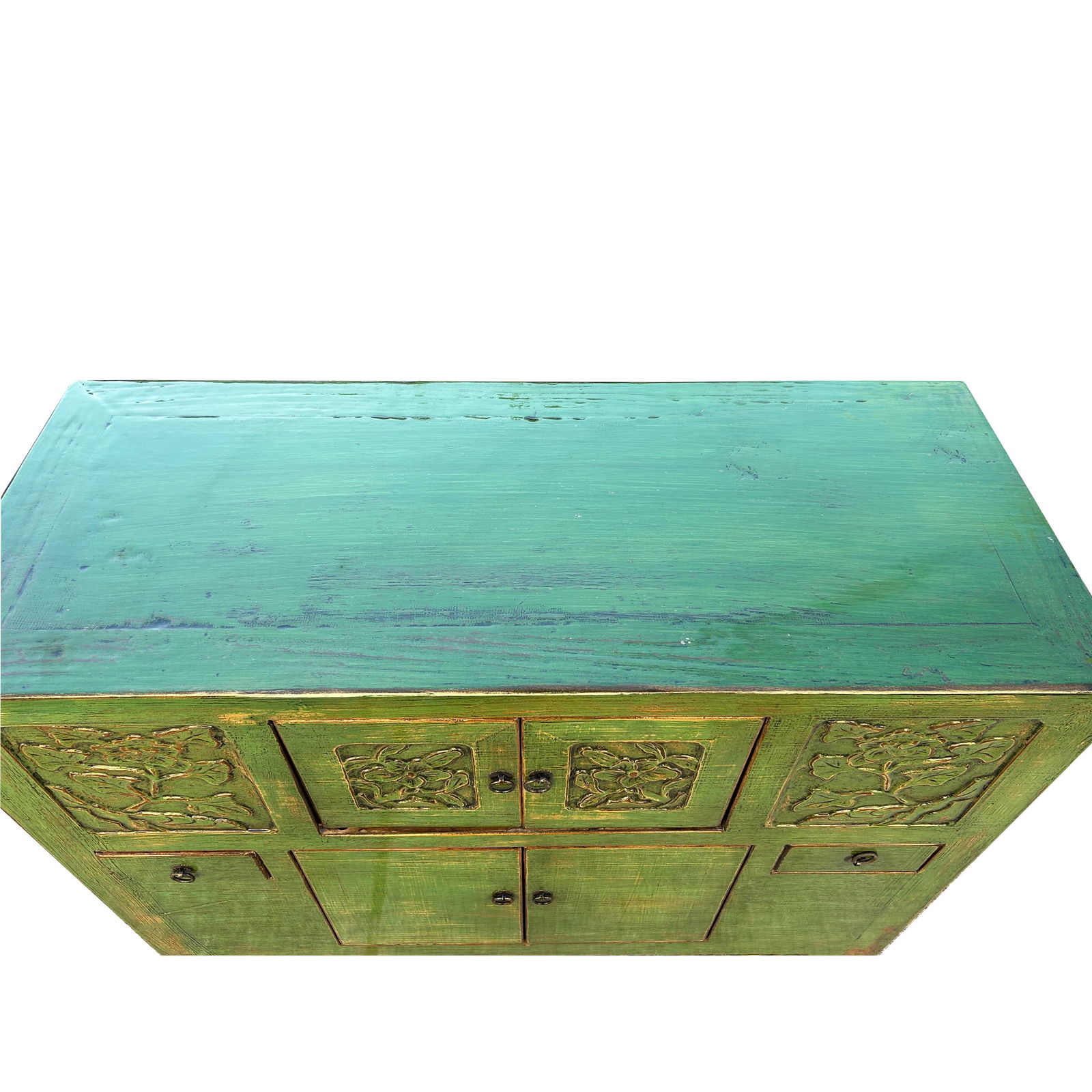 Oriental Distressed Lime Green Floral Carving Credenza Storage Cabinet - 4
