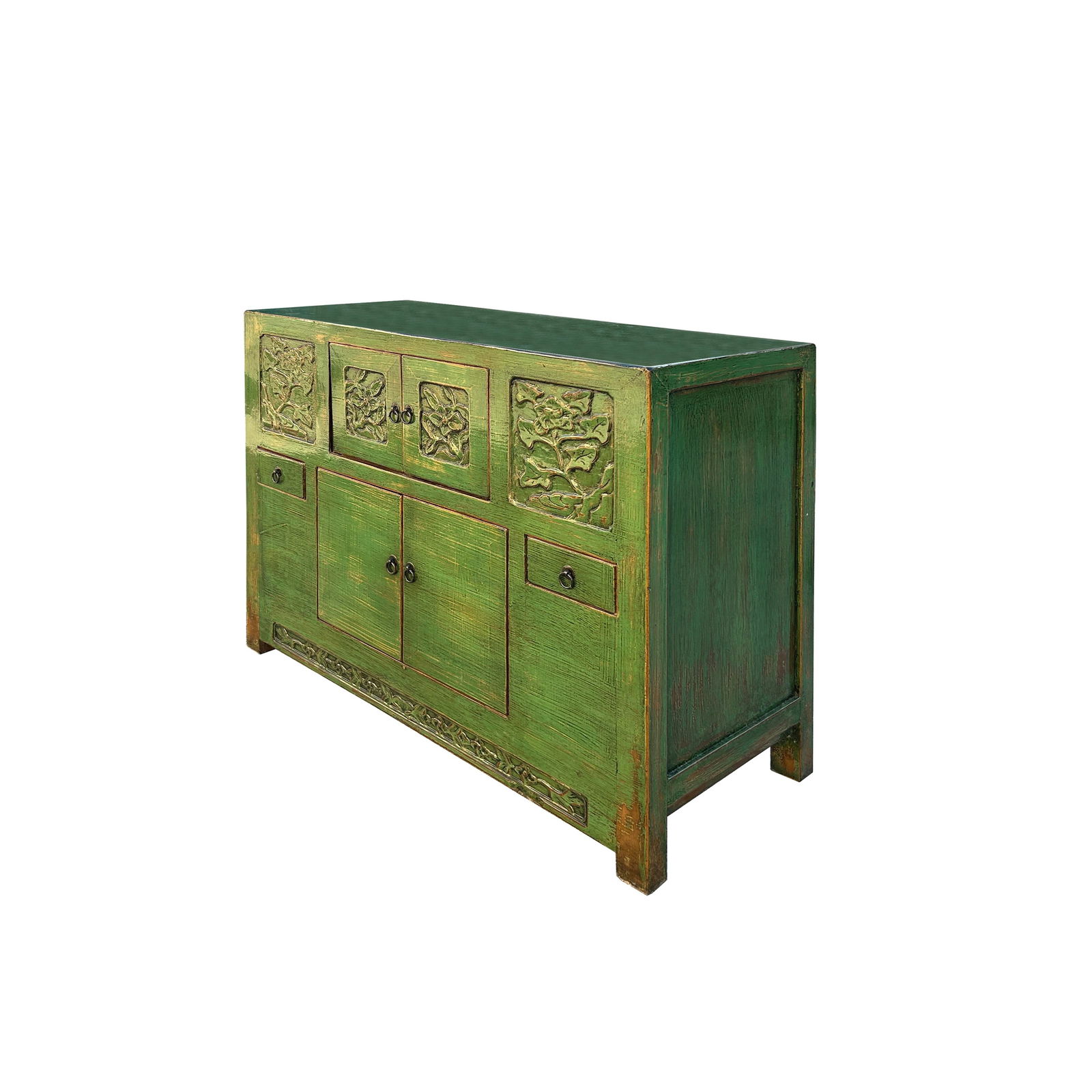 Oriental Distressed Lime Green Floral Carving Credenza Storage Cabinet - 5
