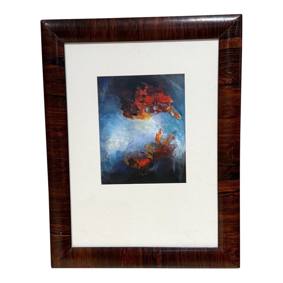 1970s MCM Guatemalan Artwork Oil Painting Brazilian Rosewood: For your consideration, a 1970s mid-century modern Guatemalan artwork oil painting on board exquisite rosewood frame. Dimensions: Frame 17.25" W x 22.5" H x .75" D, 2" W thick. Art 9.75" H x