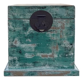 Distressed Teal Green Square Moon Face Wood Trunk Box