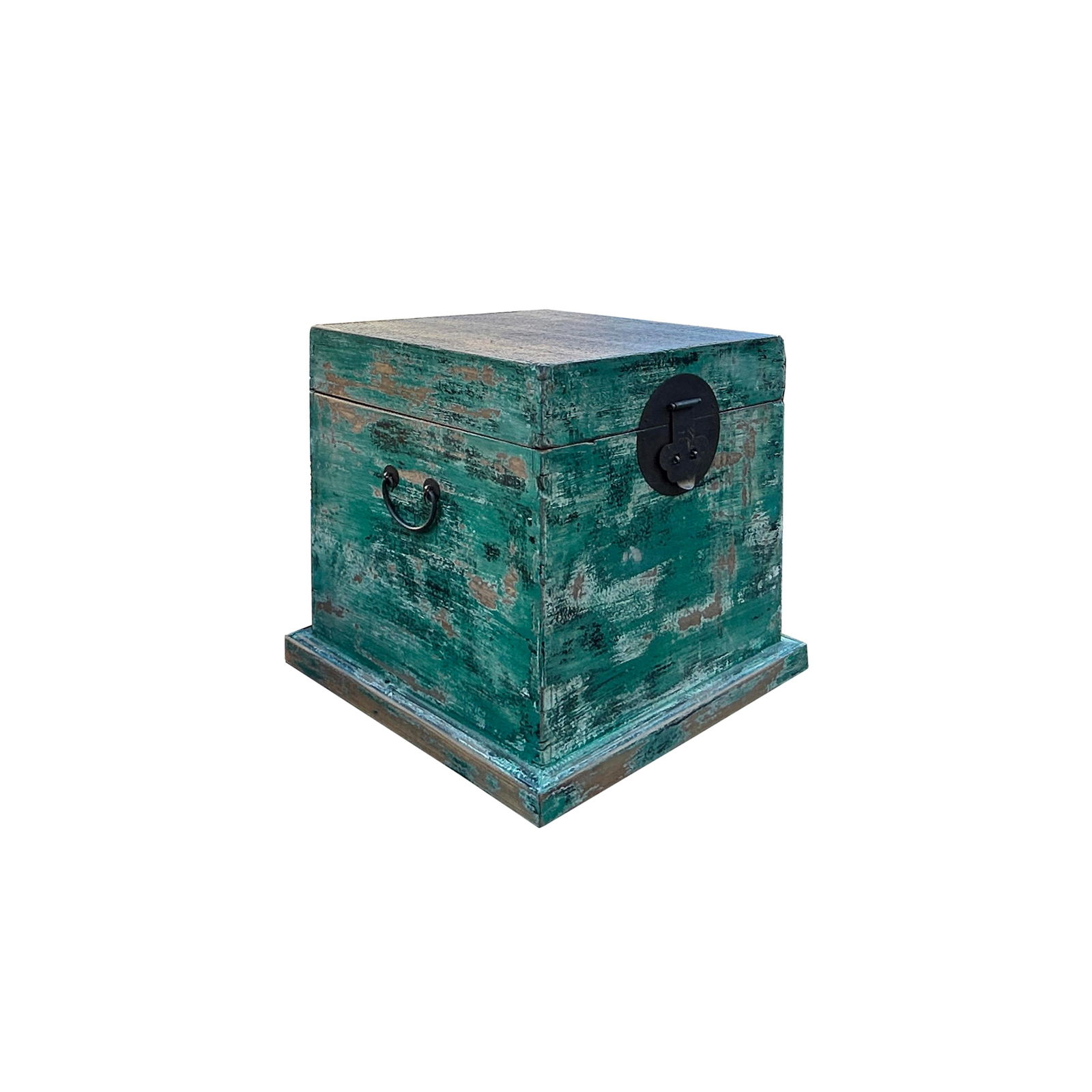 Distressed Teal Green Square Moon Face Wood Trunk Box - 2