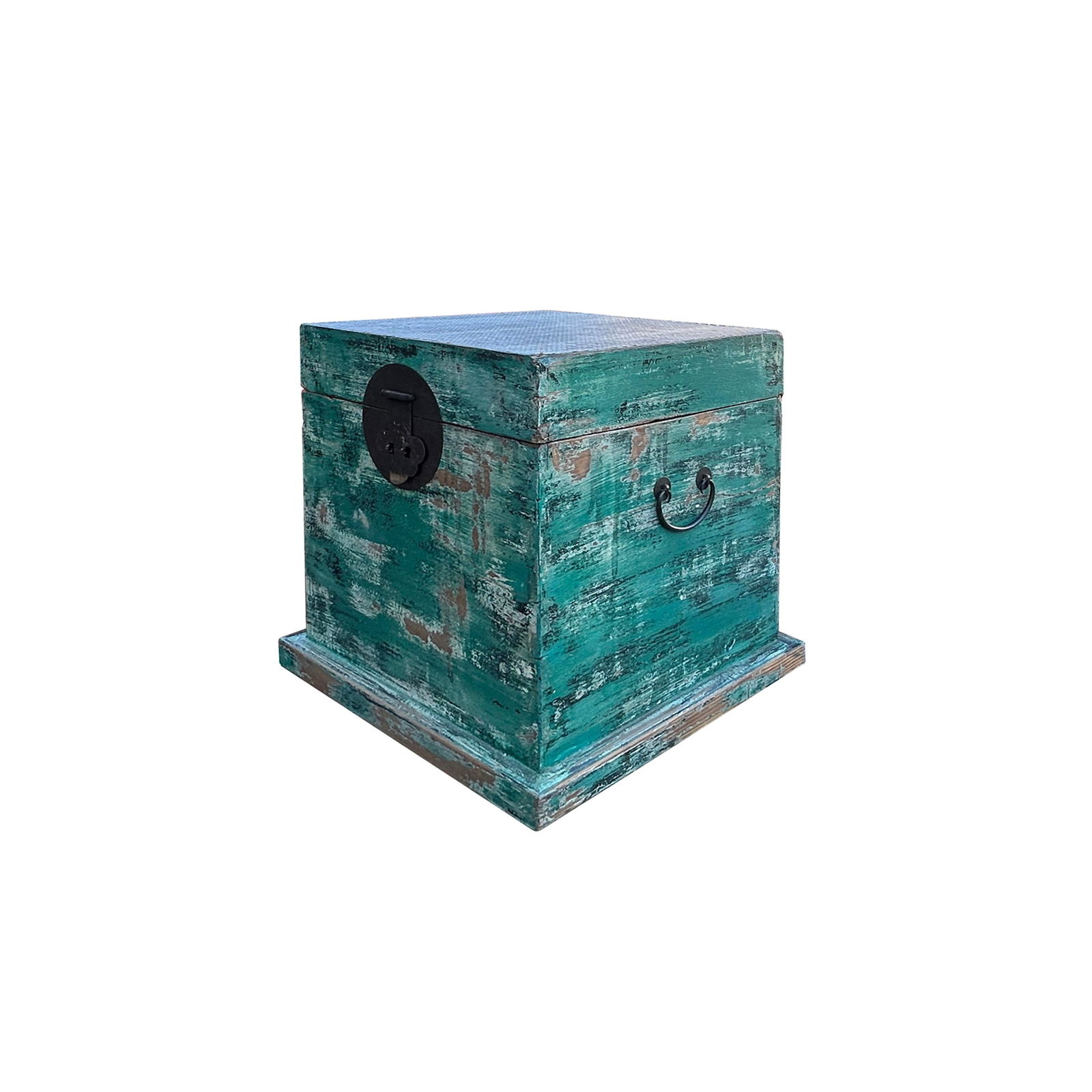Distressed Teal Green Square Moon Face Wood Trunk Box - 3