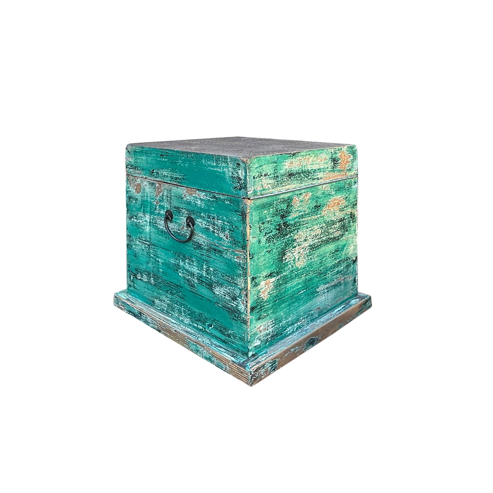 Distressed Teal Green Square Moon Face Wood Trunk Box - 5