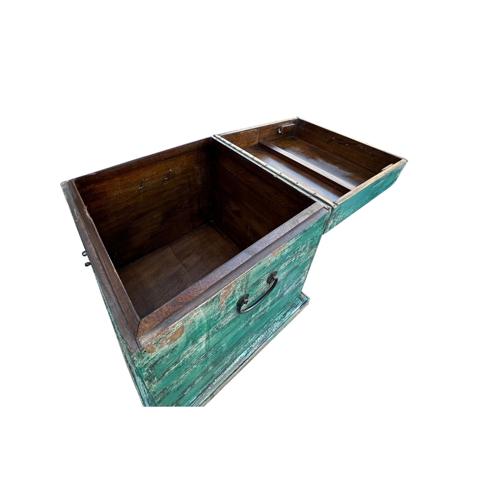 Distressed Teal Green Square Moon Face Wood Trunk Box - 6