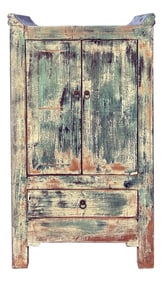 Distressed Teal Green Slim Narrow Point Edge Side Table Credenza Cabinet