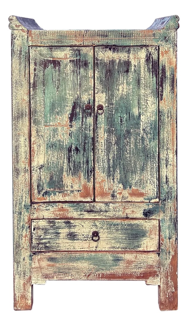 Distressed Teal Green Slim Narrow Point Edge Side Table Credenza Cabinet: This rustic green cabinet embodies a weathered, timeworn charm with its heavily distressed finish and traditional design. Crafted from solid wood, the cabinet features two upper doors with simple