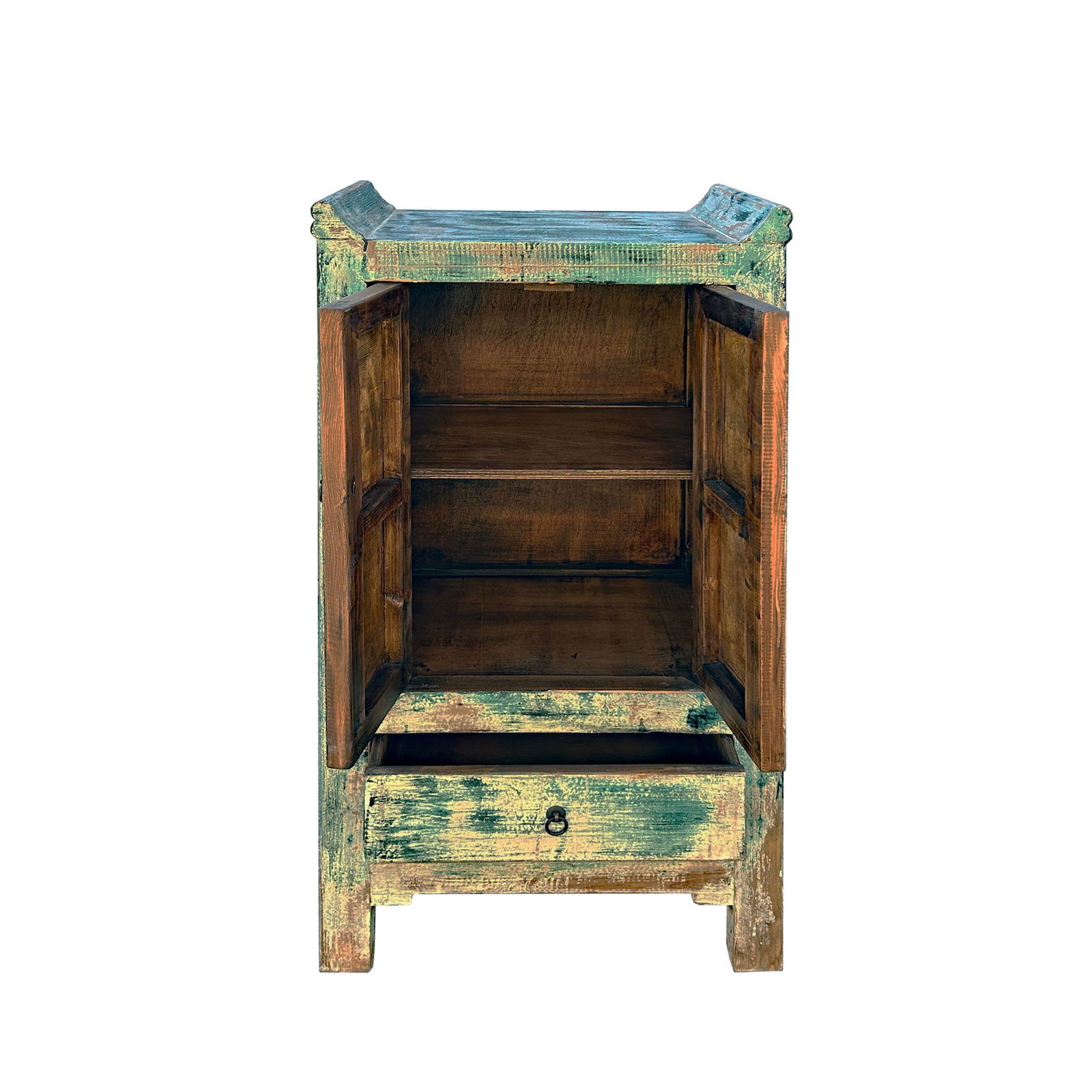 Distressed Teal Green Slim Narrow Point Edge Side Table Credenza Cabinet - 2