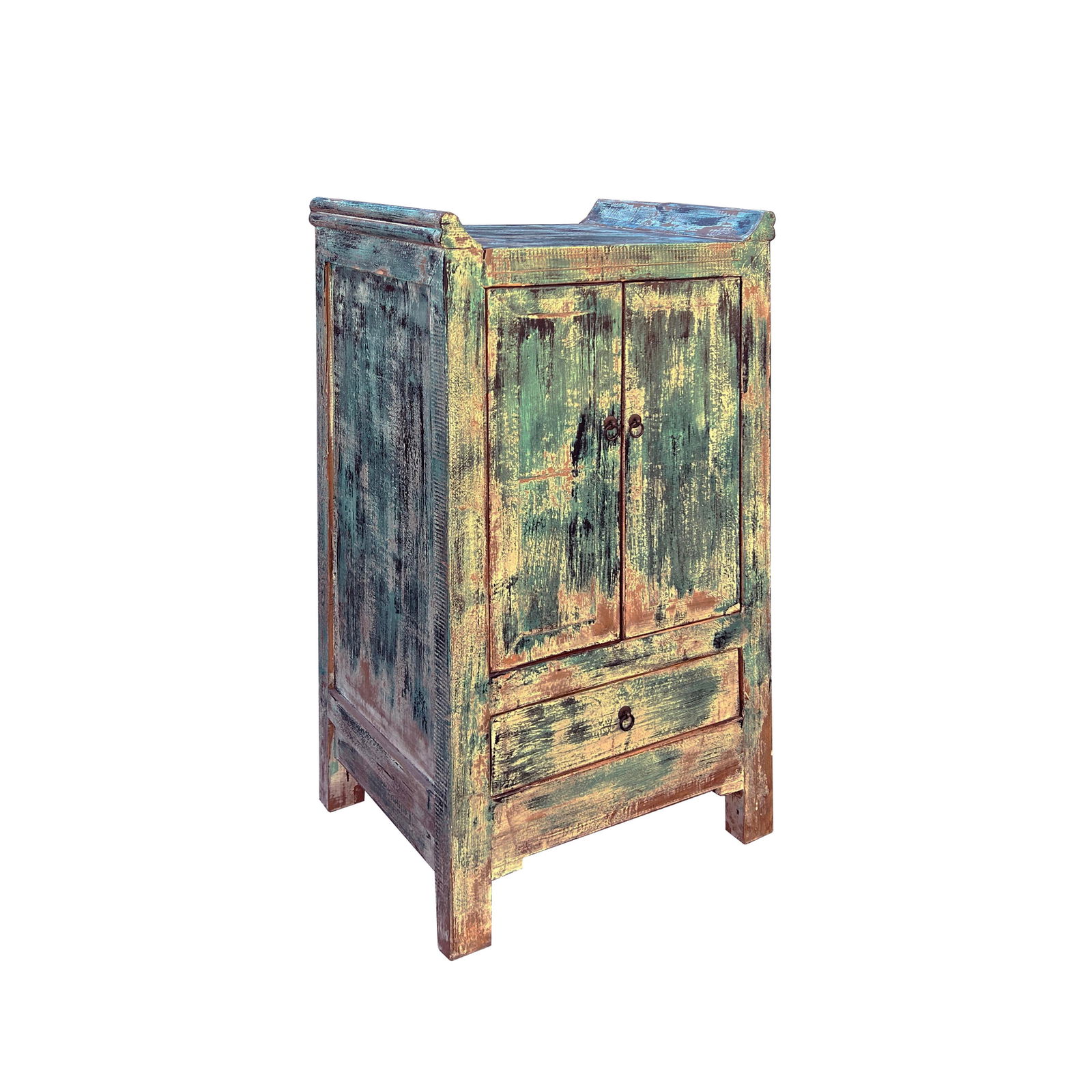 Distressed Teal Green Slim Narrow Point Edge Side Table Credenza Cabinet - 3