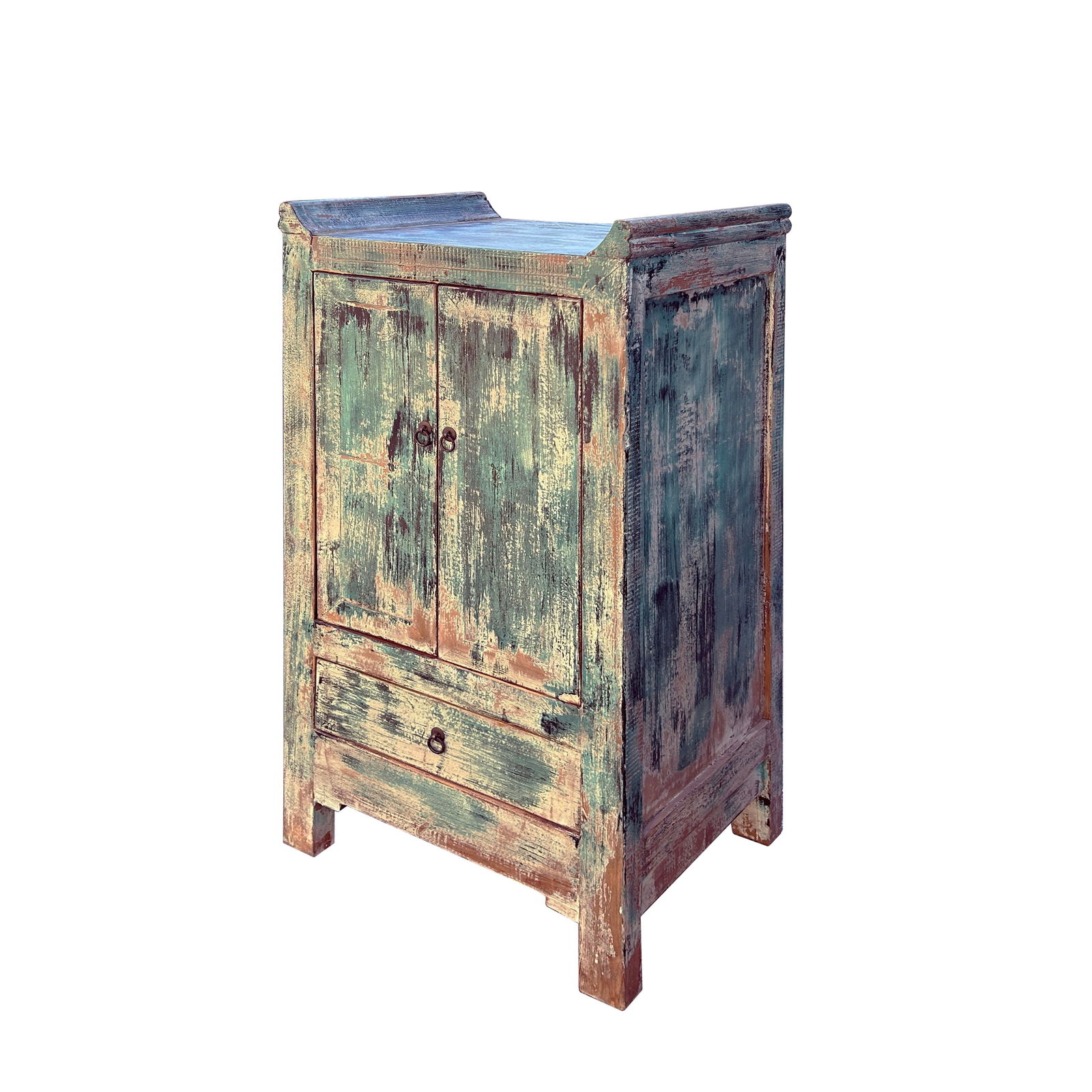 Distressed Teal Green Slim Narrow Point Edge Side Table Credenza Cabinet - 4