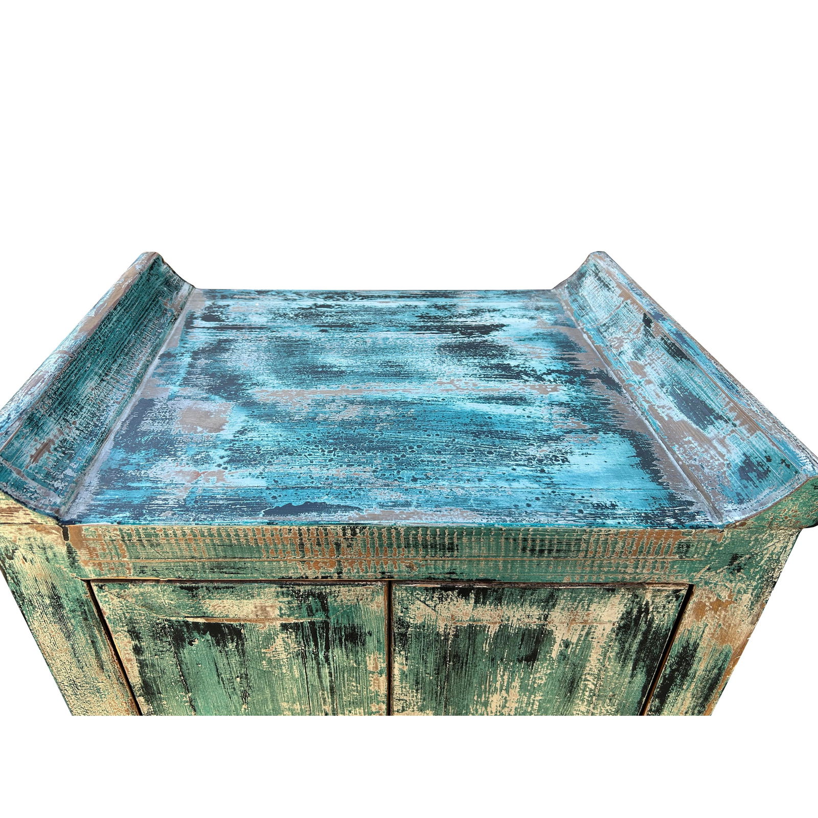 Distressed Teal Green Slim Narrow Point Edge Side Table Credenza Cabinet - 6