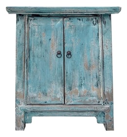 Distressed Pastel Blue Stone Top Doors Flared Legs End Table Nightstan