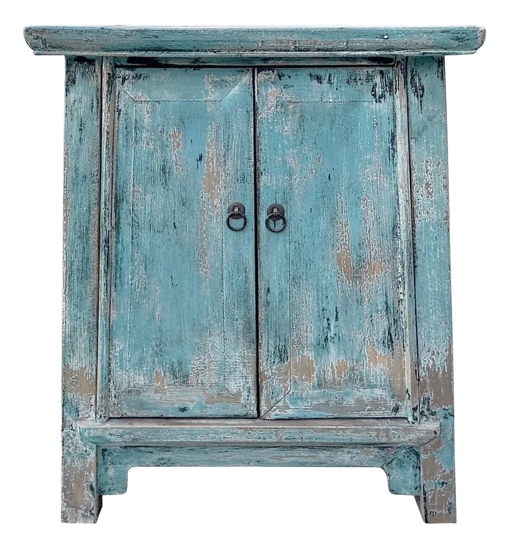 Distressed Pastel Blue Stone Top Doors Flared Legs End Table Nightstan: This charming blue cabinet exudes a rustic, vintage allure with its weathered finish and classic design. Crafted from solid wood, the cabinet features two double doors with simple black knobs, their