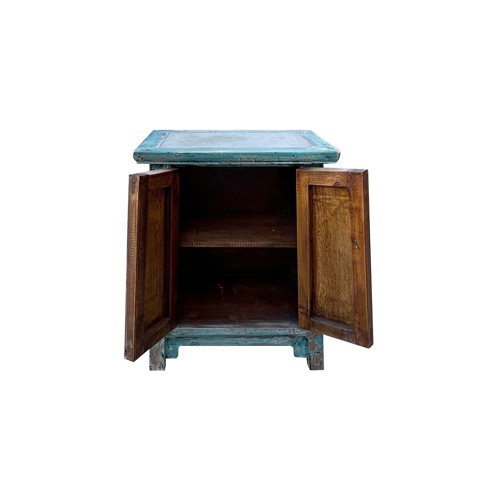 Distressed Pastel Blue Stone Top Doors Flared Legs End Table Nightstan - 2