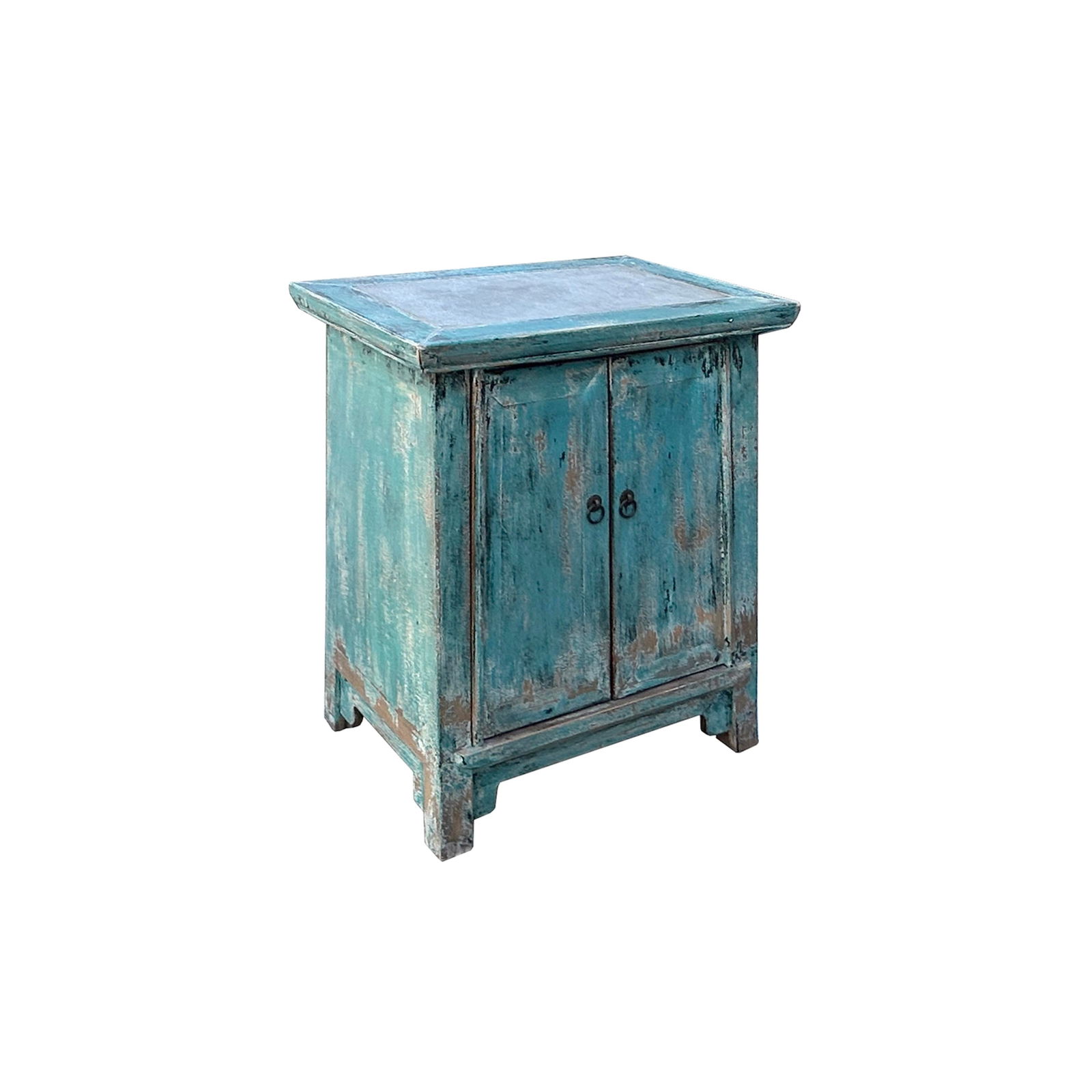 Distressed Pastel Blue Stone Top Doors Flared Legs End Table Nightstan - 4