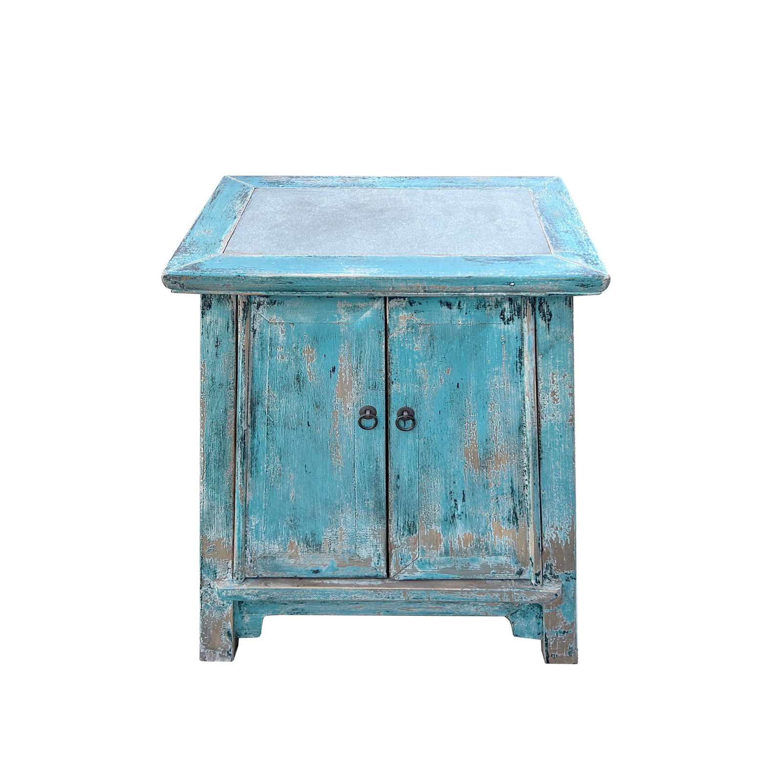 Distressed Pastel Blue Stone Top Doors Flared Legs End Table Nightstan - 5