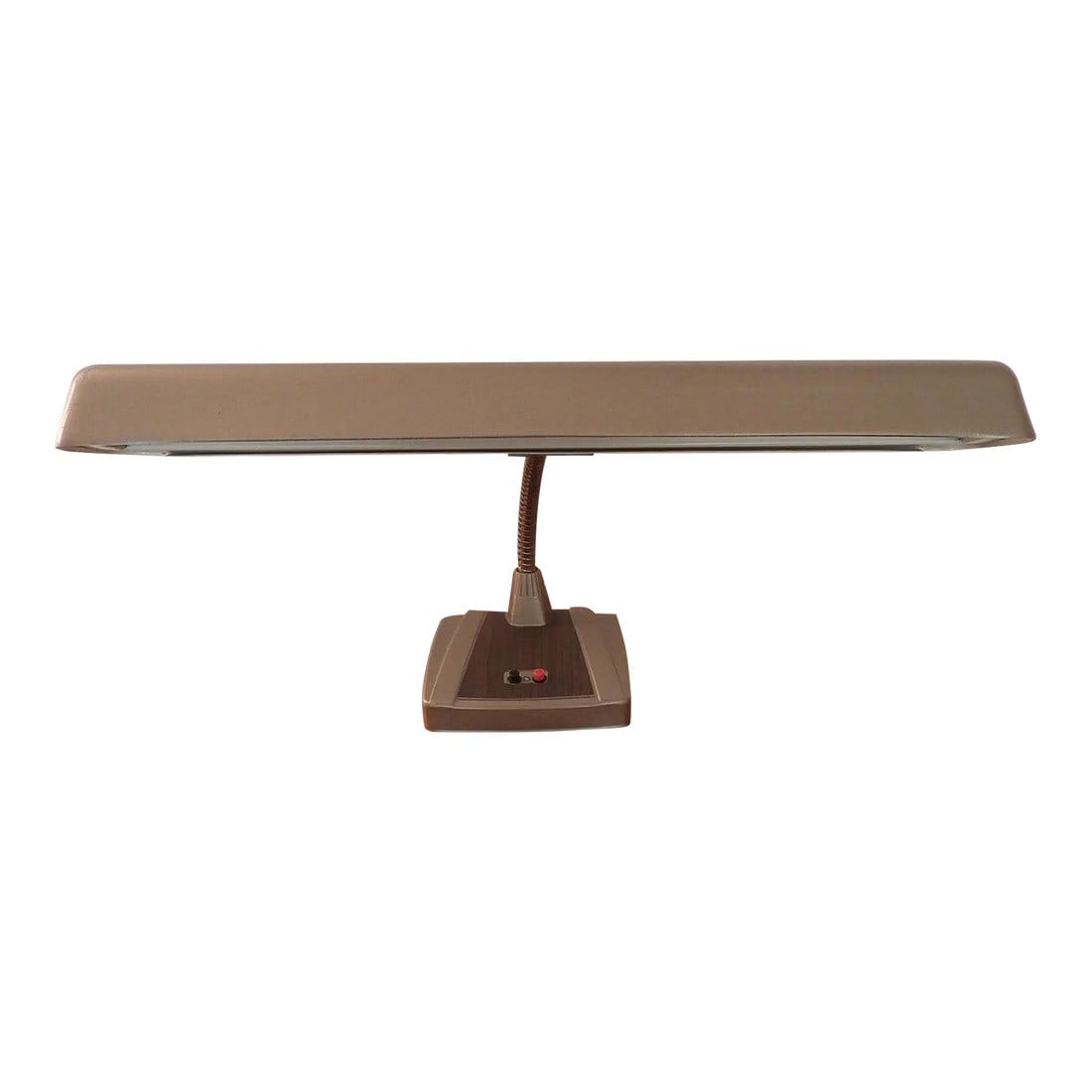 Vintage 1970s Industrial Gooseneck Adjustable Push Button Desk Lamp: This marvelous vintage 1970s gooseneck desk lamp is created with a gorgeous gray matte metal shade, a gold gooseneck that is corrugated to be configured at various angles. The gray metal base with a