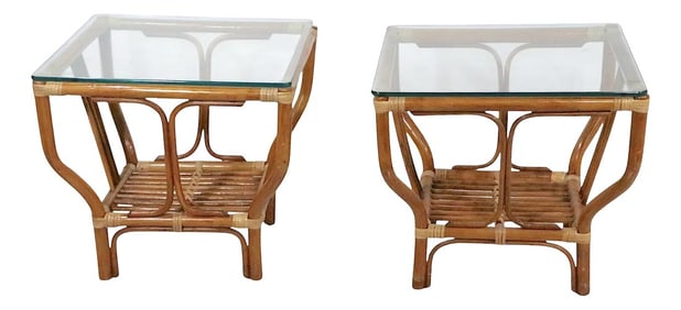 Pr. Mid Century Bamboo and Glass End Side Tables After Frankl