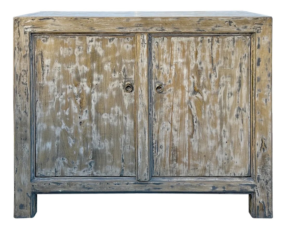 Distressed Tan White 2 Doors Credenza Sideboard Console Table Cabinet (1 of 5)