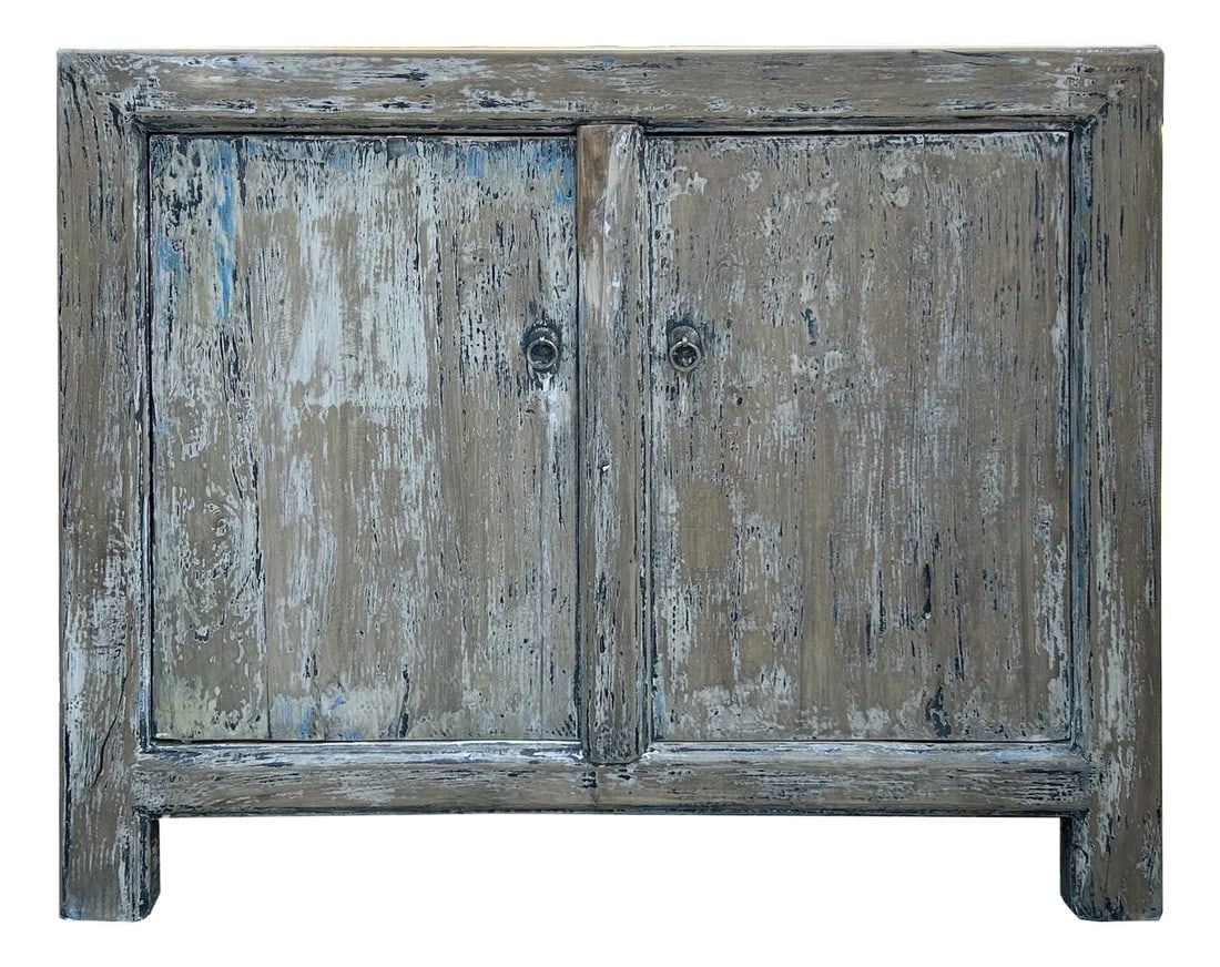 Distressed Tan Blue 2 Doors Credenza Sideboard Console Table Cabinet: This captivating retro cabinet exudes rustic elegance with its beautifully distressed finish, showcasing a weathered patina that tells a story of time and use. The exterior, a blend of faded white plu