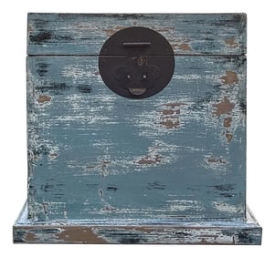 Distressed Pastel Light Blue Square Moon Face Wood Trunk Box