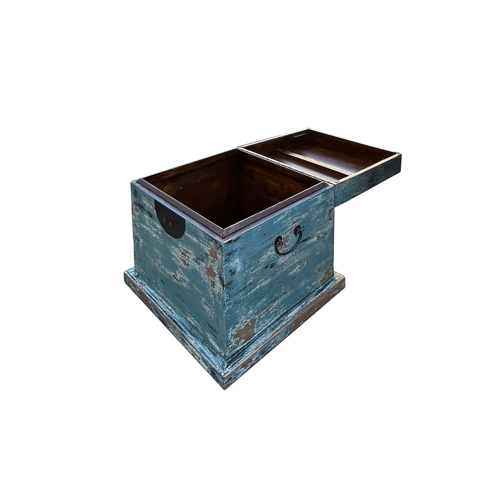 Distressed Pastel Light Blue Square Moon Face Wood Trunk Box - 2