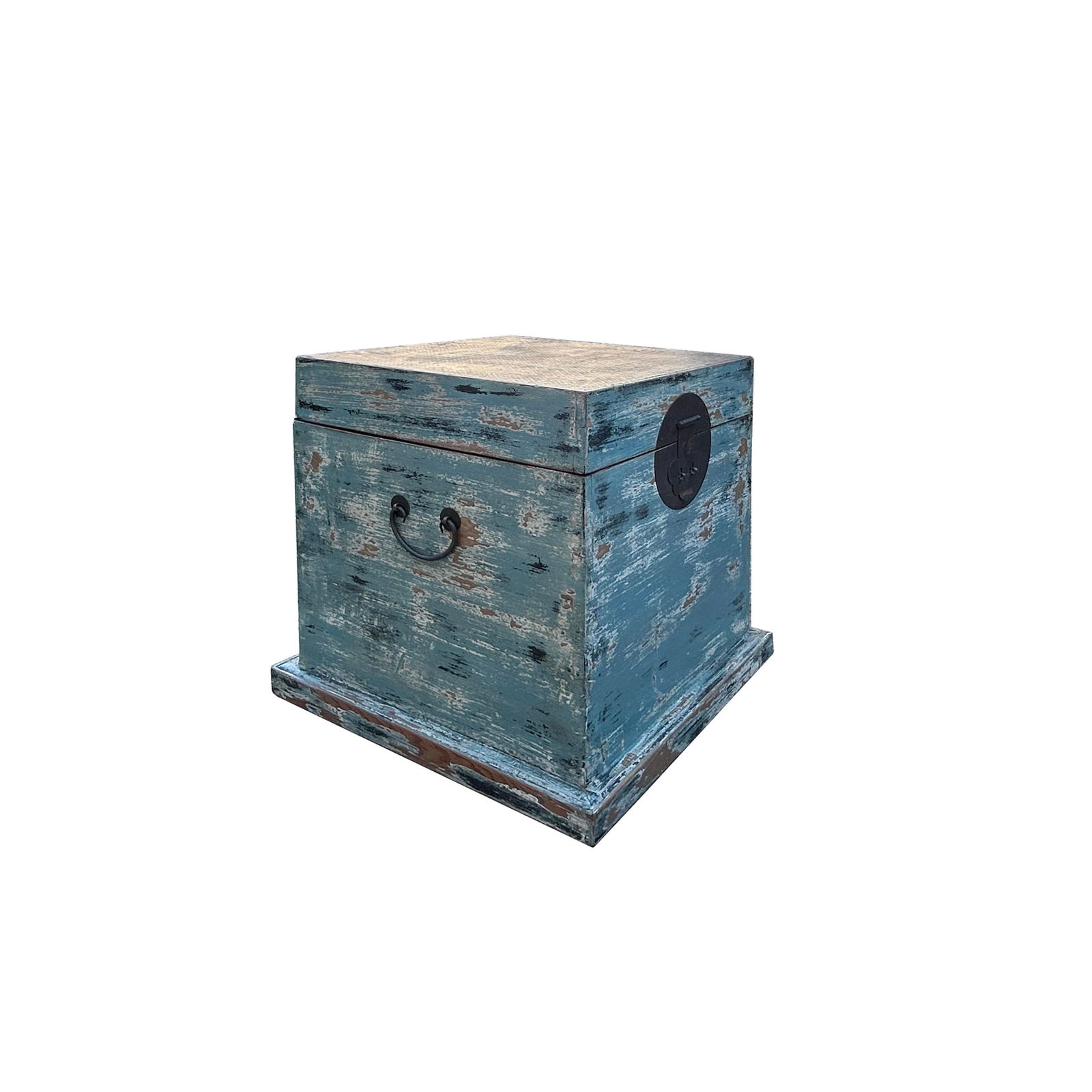 Distressed Pastel Light Blue Square Moon Face Wood Trunk Box - 5