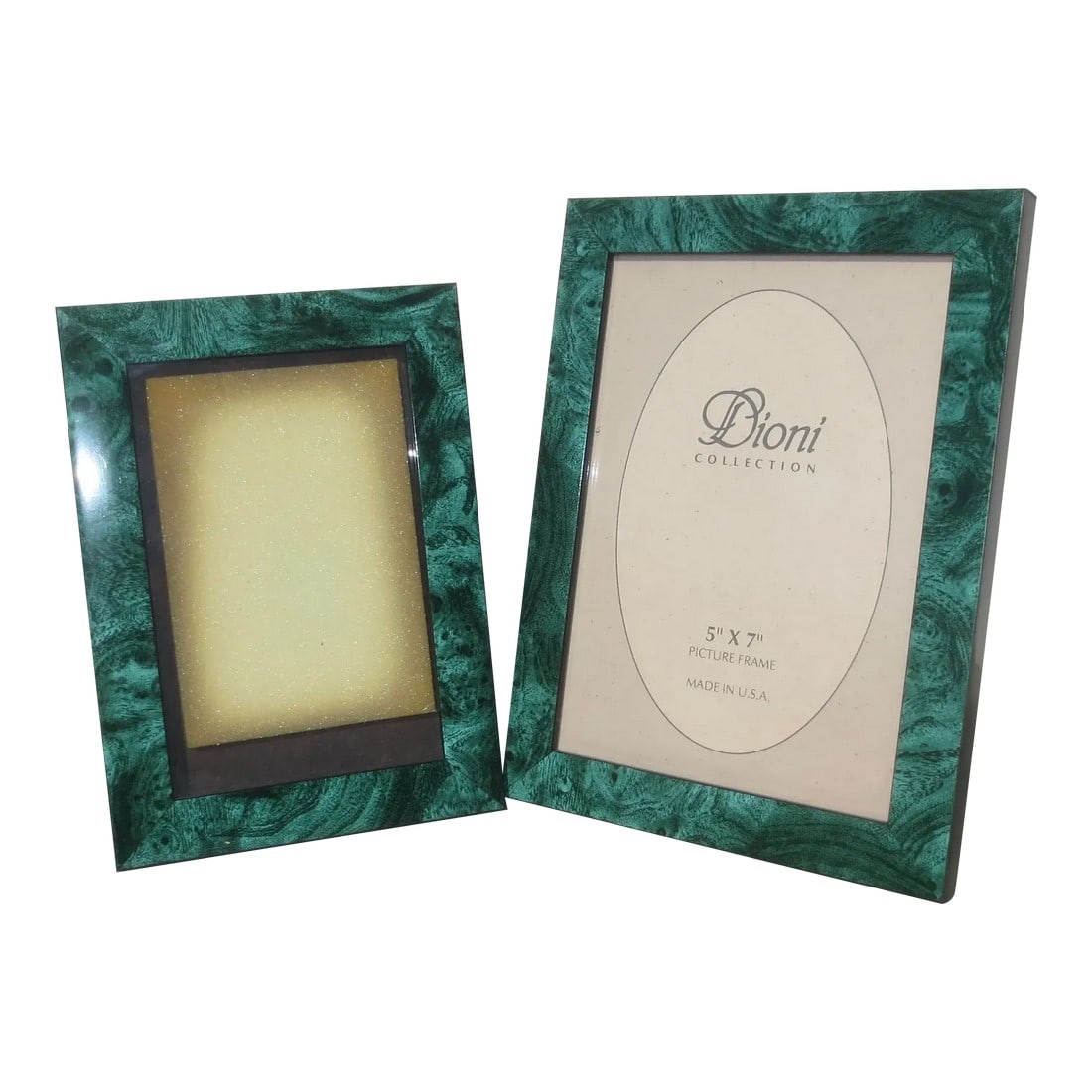 Pair of Photo Frames- A Pair of 2: Dark Green lacquer pair of photo frames by Dioni. Modern dark green pattern resembling abstracted wood grain or malachite. Glass faces and with black velvet backstands, and with wall hanging hooks. 
