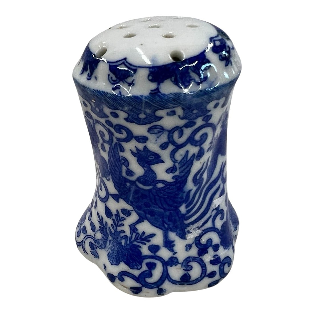 Mid Century Rising Phoenix Blue / White Single Salt or Pepper Shaker, Japan: Mid Century blue, white rising phoenix design single shaker for salt, pepper or sugar, etc. measures 2.25" diameter x 2.75" h. Made in Japan. Condition: Alterations: Original Condition Unaltered