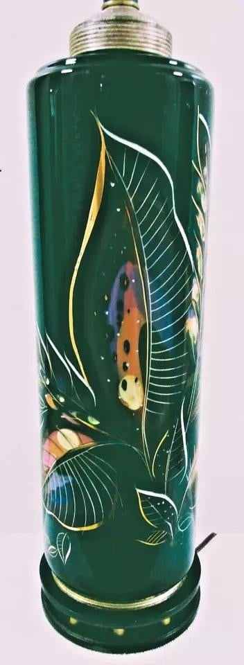 Vintage Sascha Brastoff Hand Painted Table Lamp Signed Green Gold Floral - 2