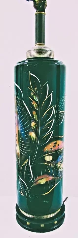 Vintage Sascha Brastoff Hand Painted Table Lamp Signed Green Gold Floral - 3