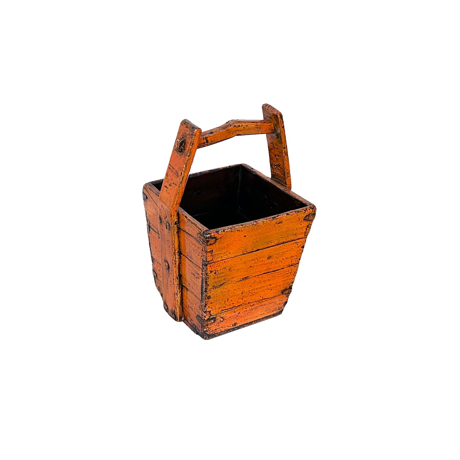 Vintage Rustic Orange Square With Handle Wood Bucket - 2