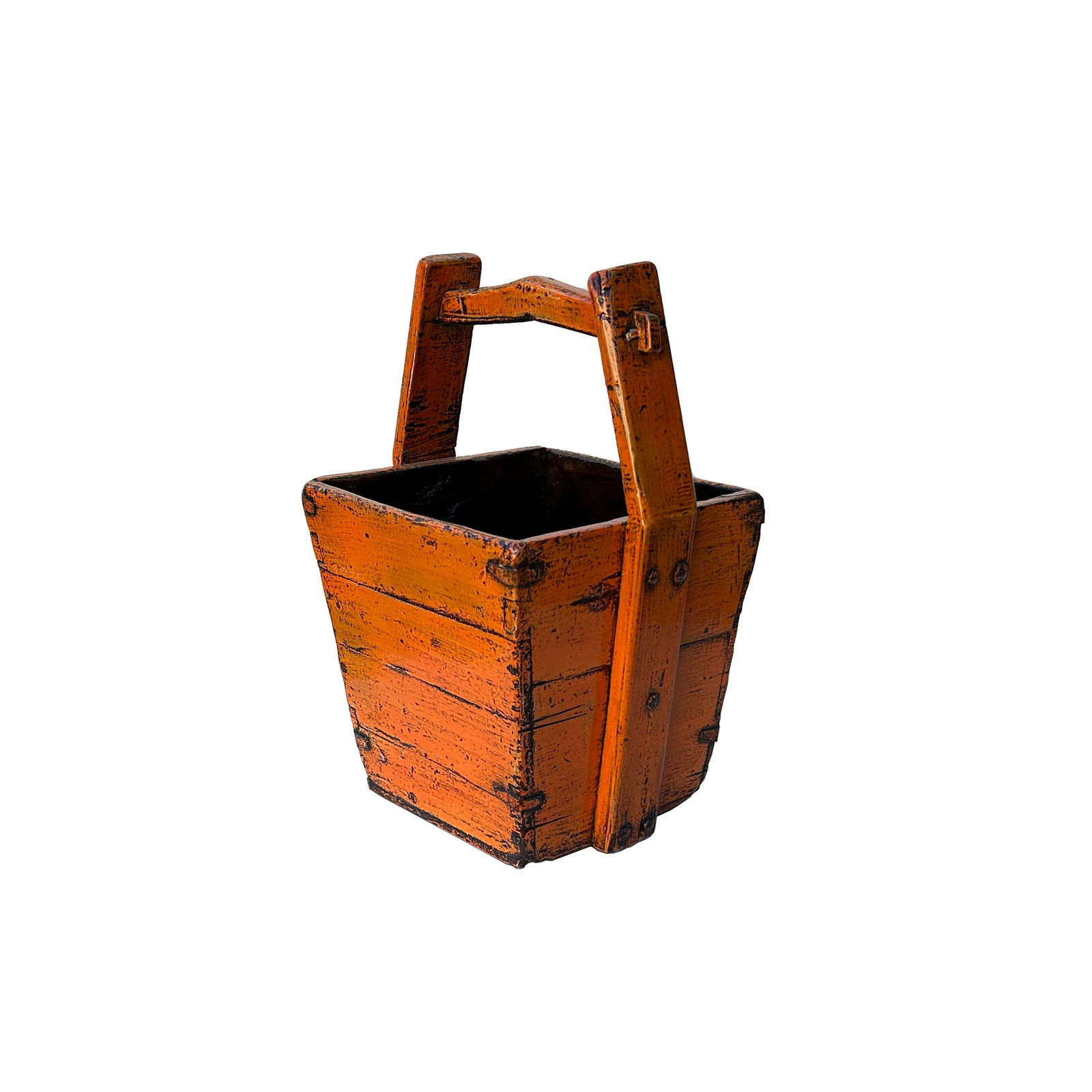 Vintage Rustic Orange Square With Handle Wood Bucket - 5