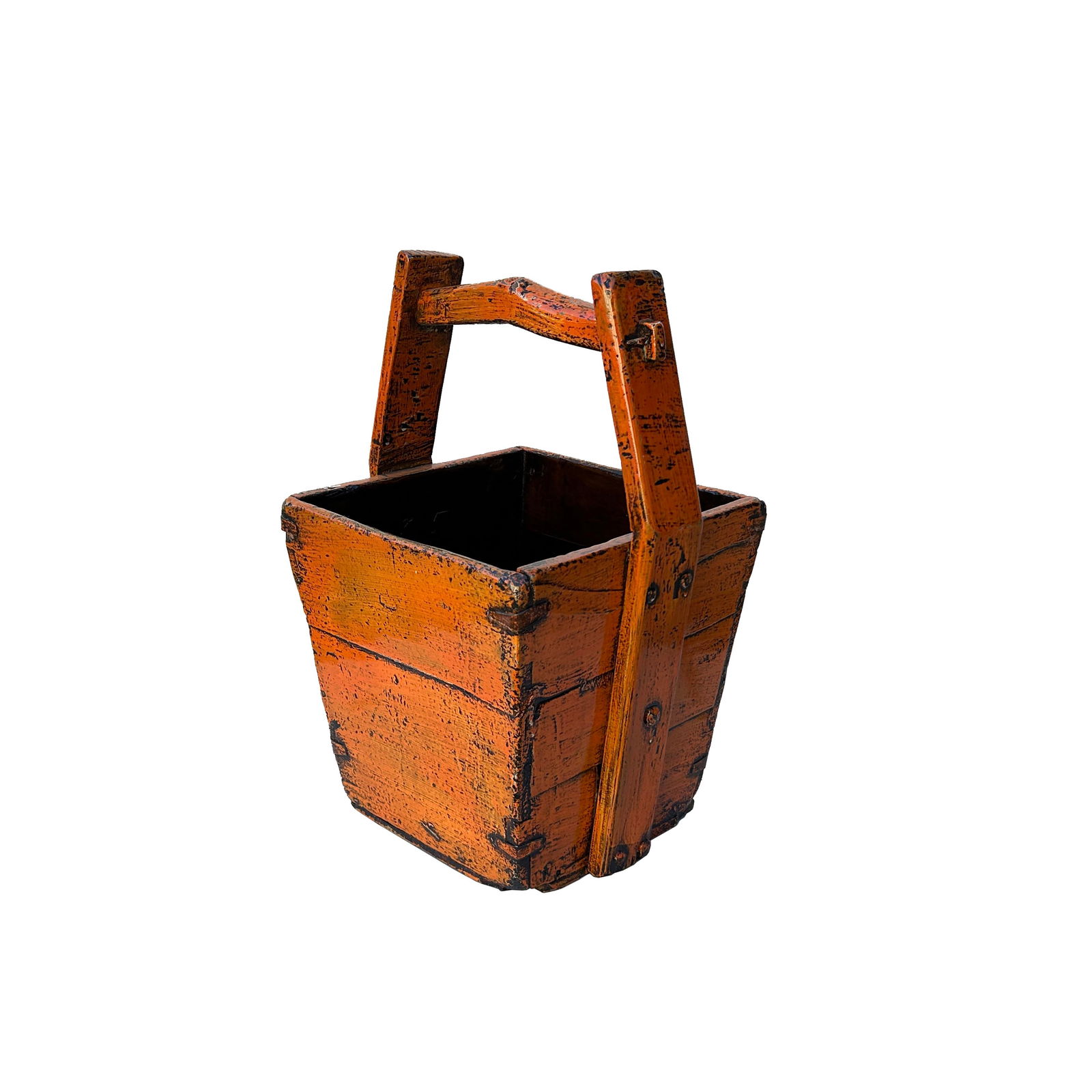 Vintage Rustic Orange Square With Handle Wood Bucket - 6