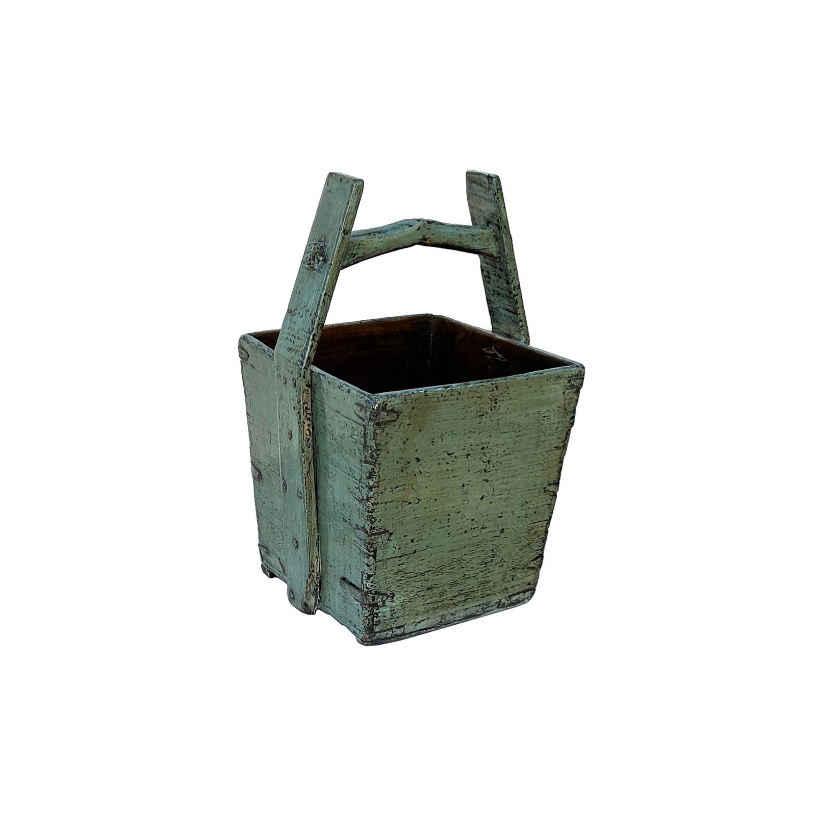 Vintage Rustic Gray Square With Handle Wood Bucket - 3