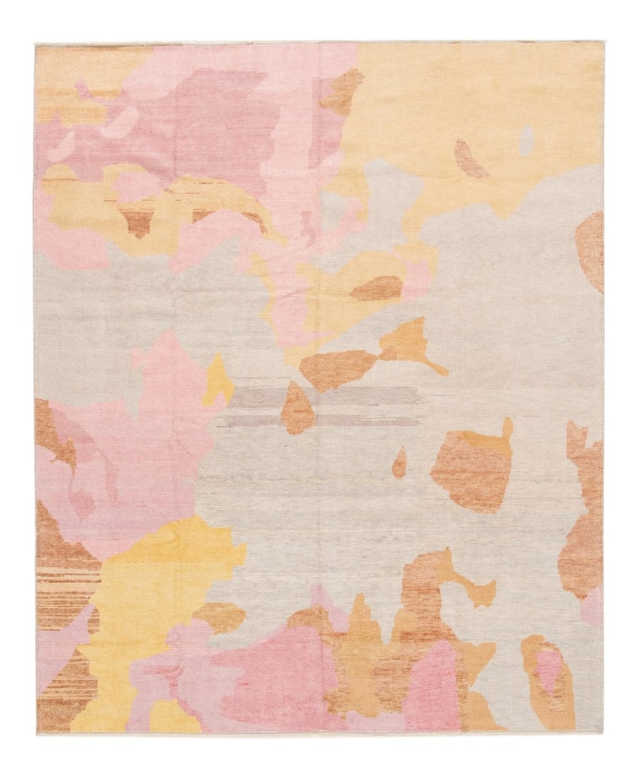 21st Century Contemporary Modern Designer Wool Rug: Beautiful Contemporary Turkish Designer rug, hand-knotted wool with a tan field. Accents of pink, brown, and yellow in all-over Abstract design, This rug measures: 8'1'' x 9'10''. Condition: