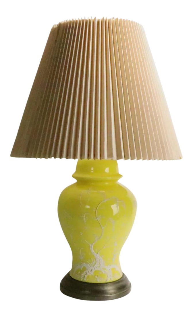 1970s Bright Yellow Chinese Style Table Lamp: Cheerful and bright yellow Chinese style table lamp, with applied stylized tree in flat white paint finish. This lamp is a 1970/1980's mod reinterpretation of traditional Chinese porcelain. Fun, decor