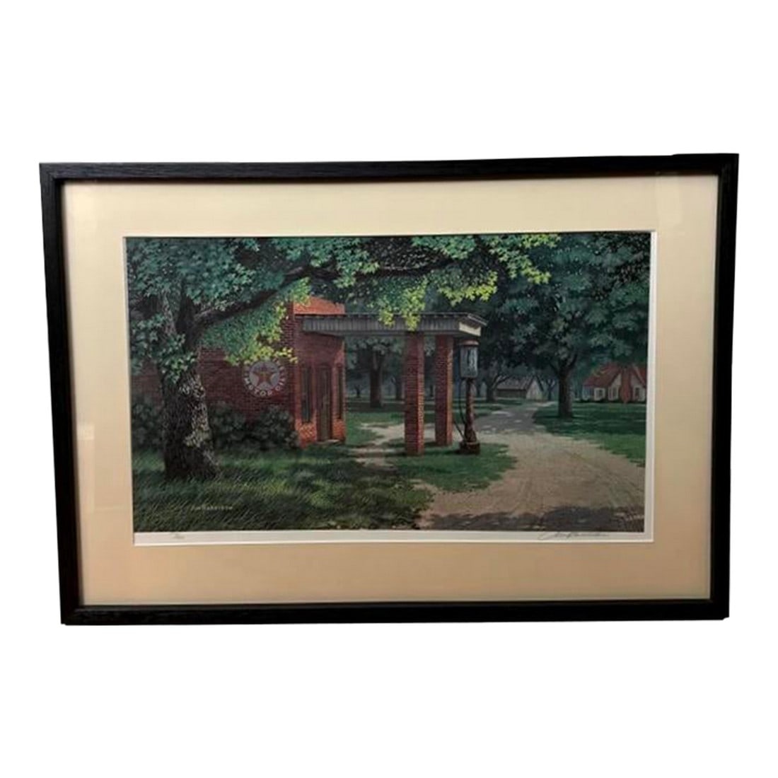 Fillin' Station Ltd. Ed. S/N Lithograph (1983) by Jim Harrison: This Ltd. Ed. S/N lithograph is titled "Fillin Station" by Jim Harrison. It is pencil signed and numbered 1194/1500. Harrison is famous for his scenes of rural America and worked as a sign painter