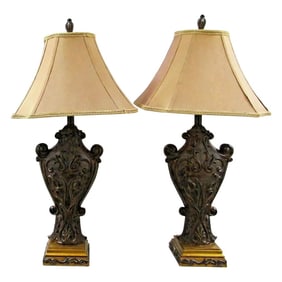 Matched Pair of Sculpted Designer Resin Table Lamps With Silk Shades