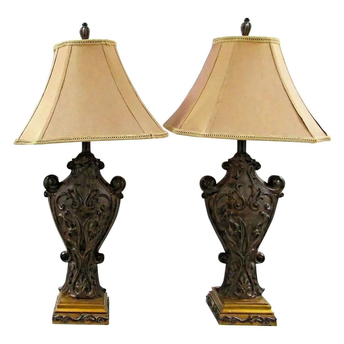 Matched Pair of Sculpted Designer Resin Table Lamps With Silk Shades (1 of 12)